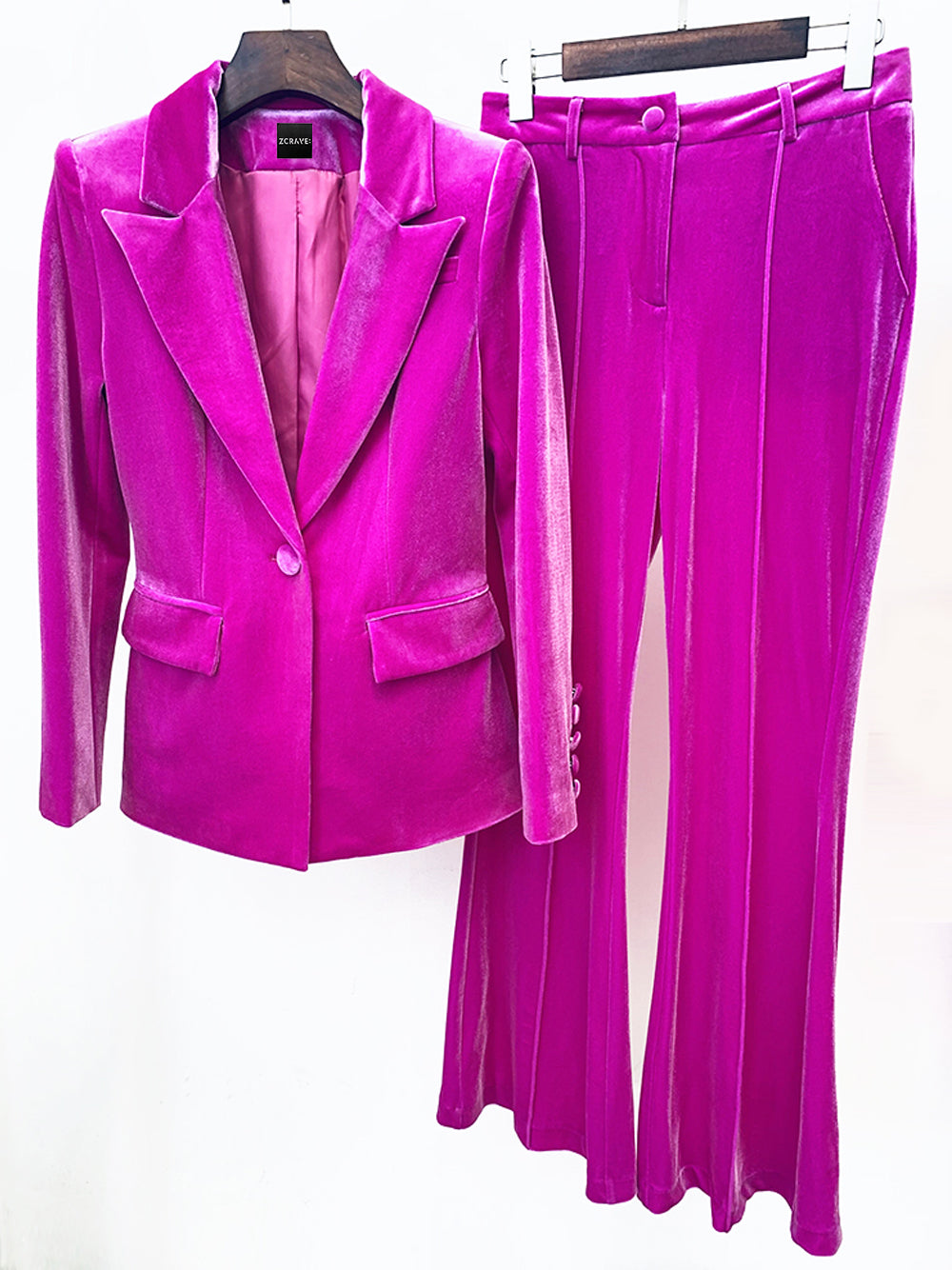 Conjunto de blazer de terciopelo y pantalón acampanado HINIYA en fucsia