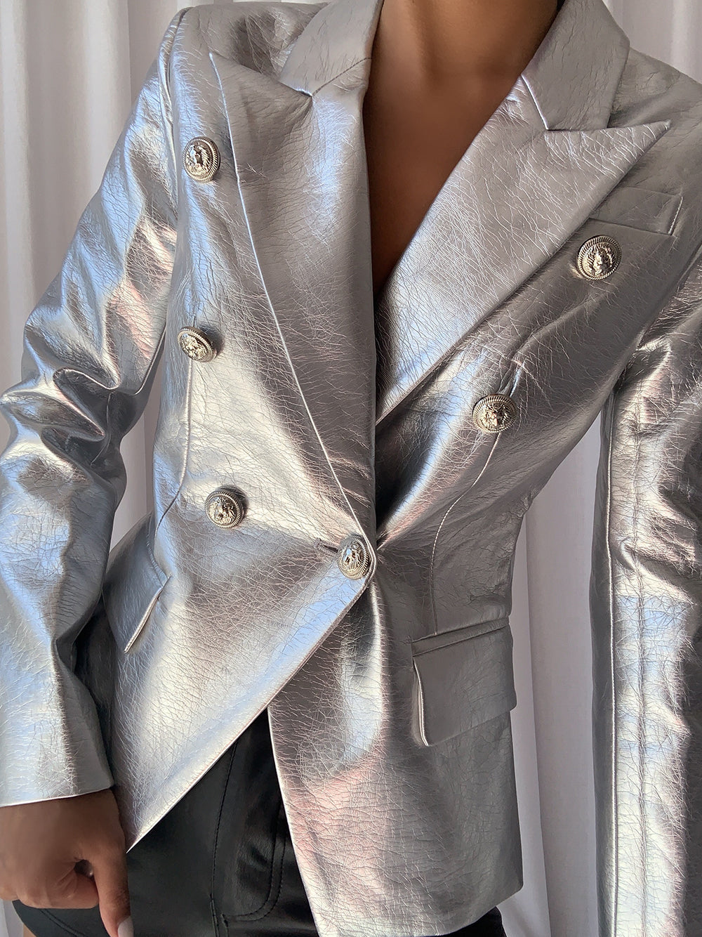 Silver Double-breasted Leather Blazer