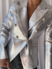 Silver Double-breasted Leather Blazer