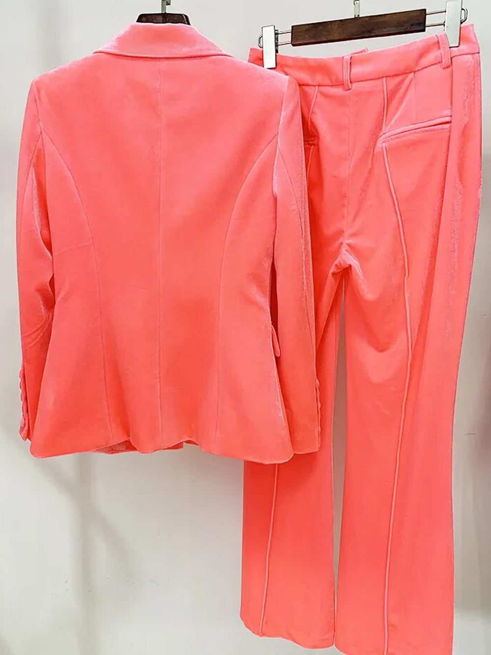 HINIYA Velvet Blazer & Flared Pants Set in Peach Pink