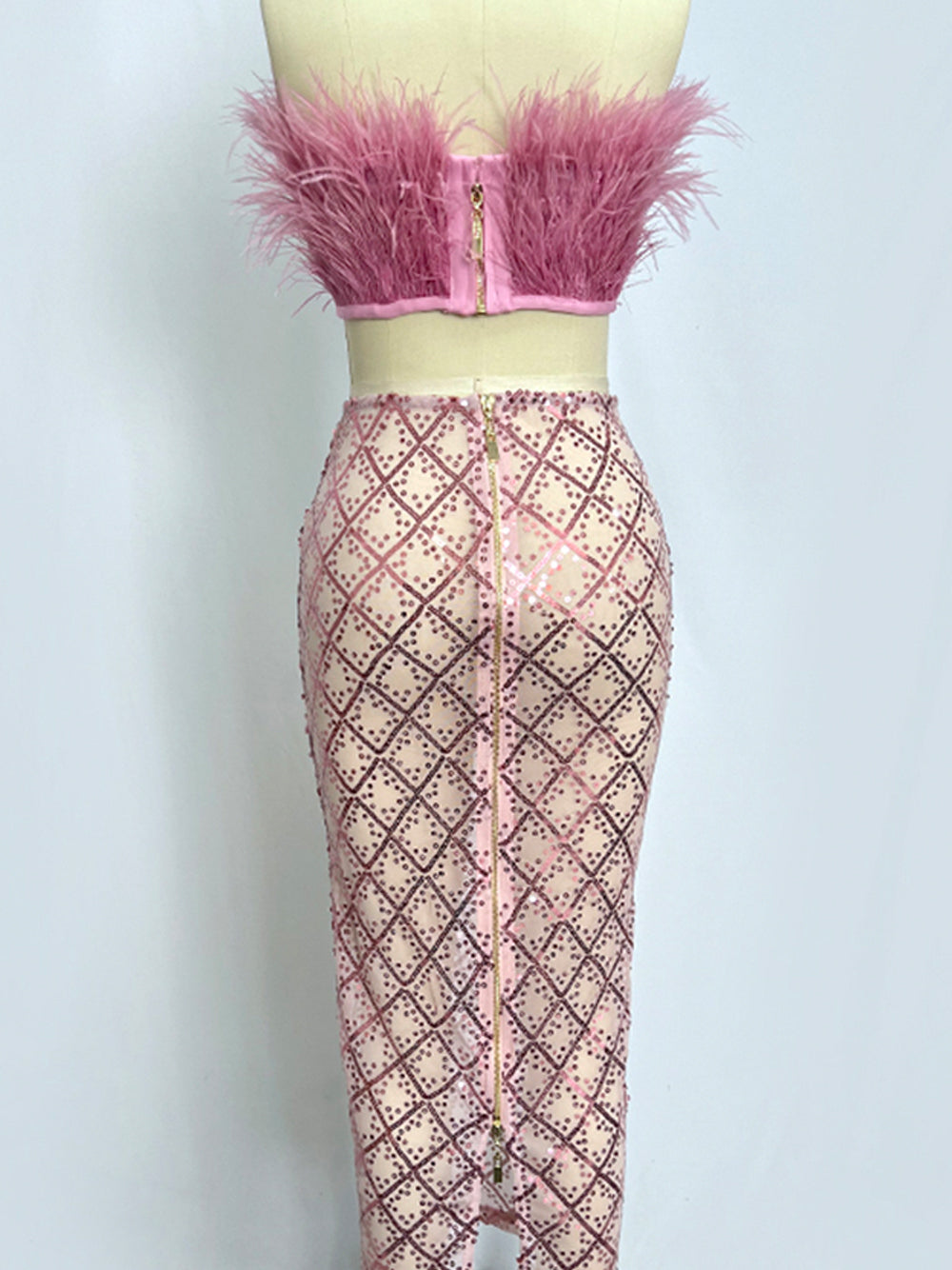 MAGLINA Feather Top & Sequins Skirt Set in Pink