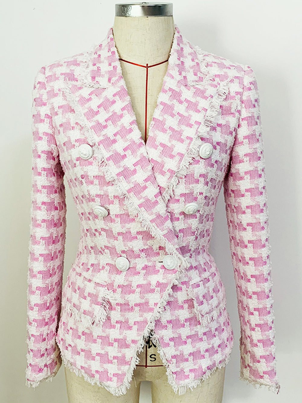 Double Breasted Houndstooth Tweed Blazer