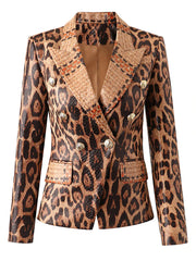 Double Breasted Leopard Leather Jacket