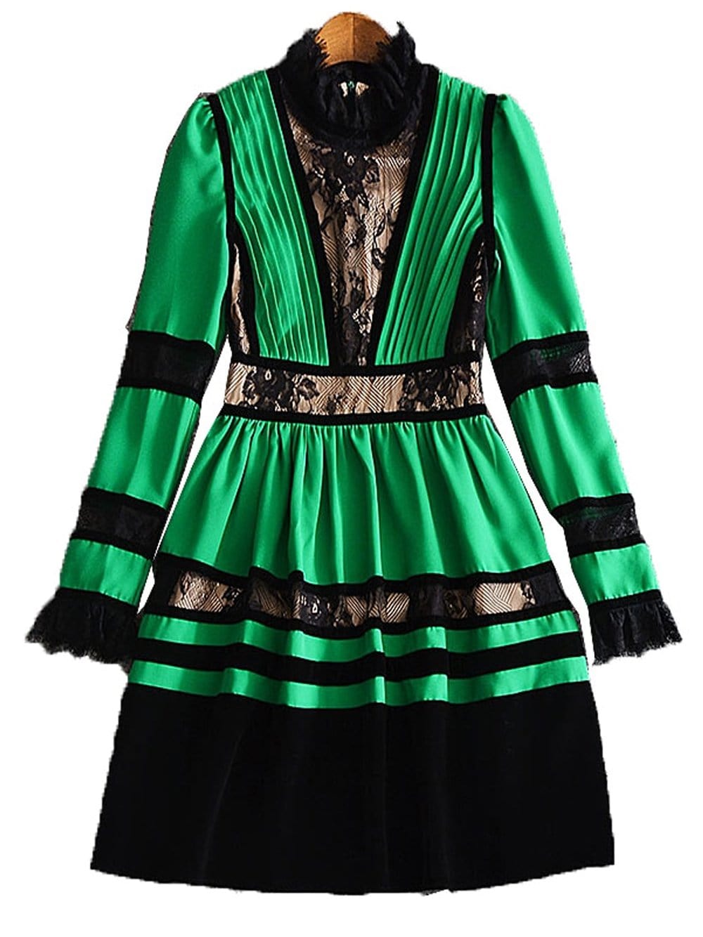 Lace & Velvet Pleated Crêpe Mini Dress in Green