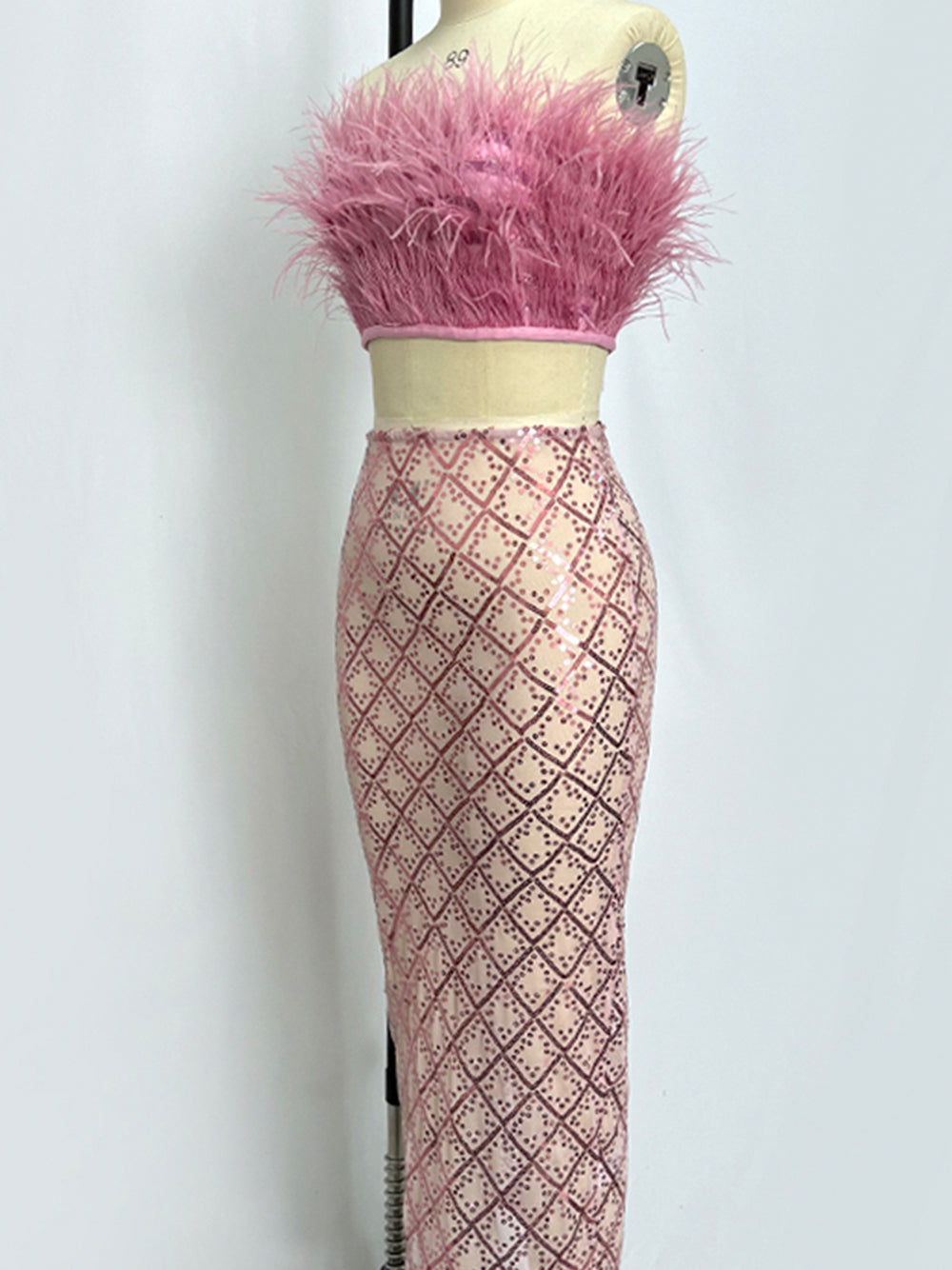 MAGLINA Feather Top & Sequins Skirt Set in Pink