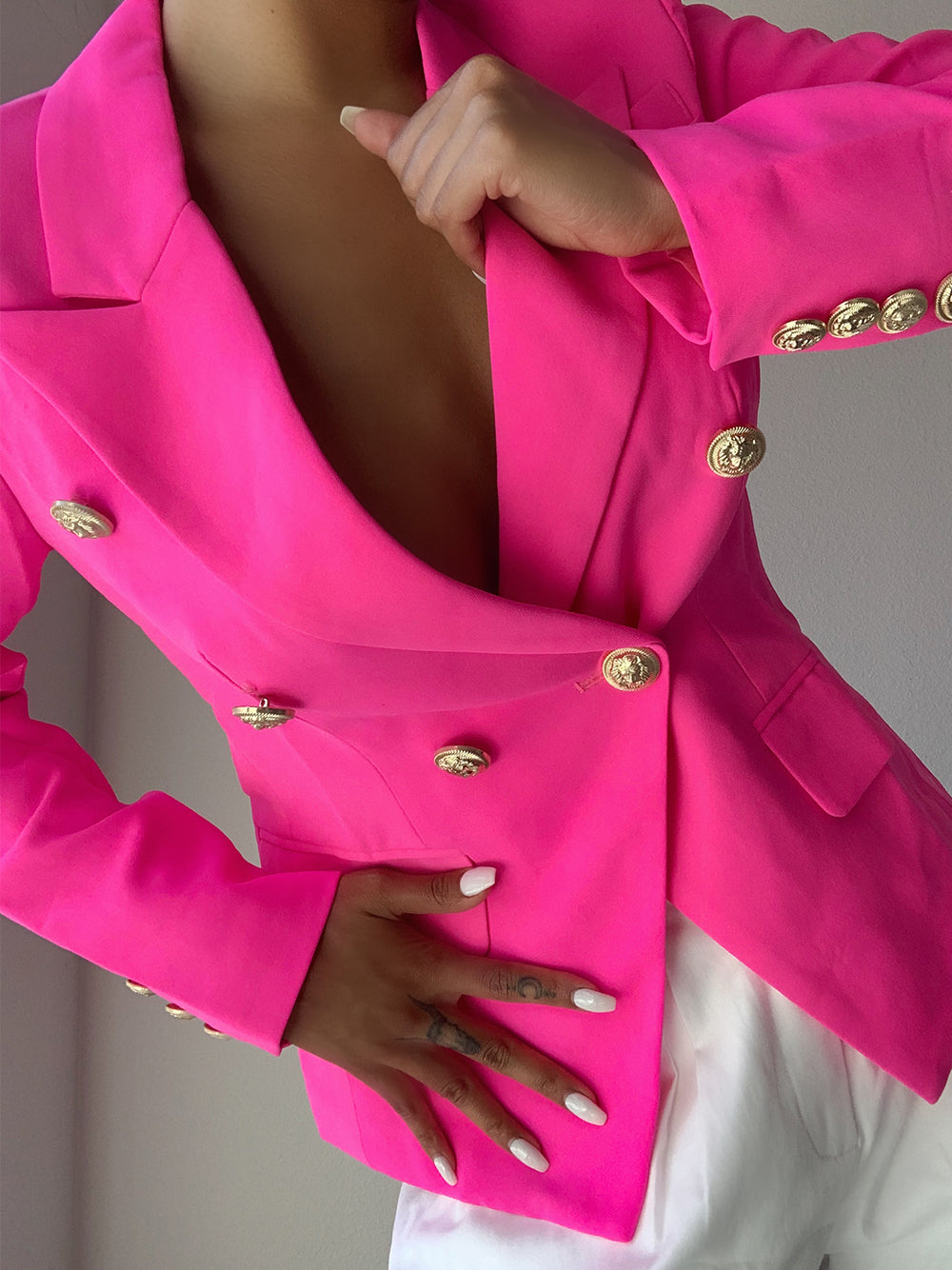 Button-Embellished Double-Breasted Blazer