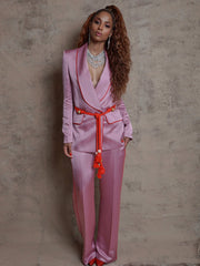 DALIDA Zweireihiger Satin-Blazer + Hose Passendes Set in Pink