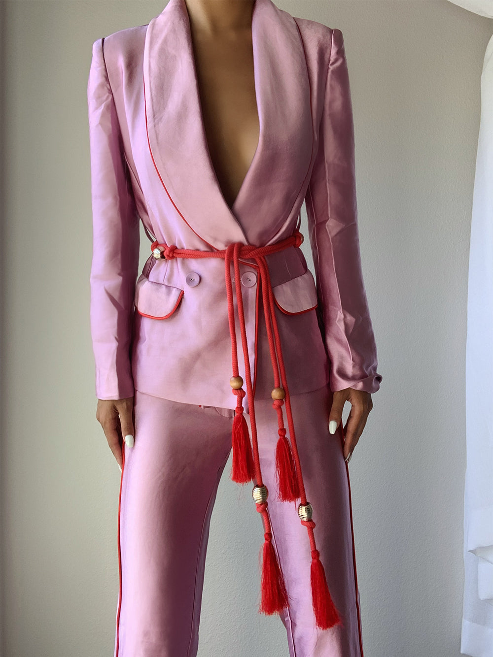 Tasseled Satin Blazer + Pants (Two-Piece Set) in Pink