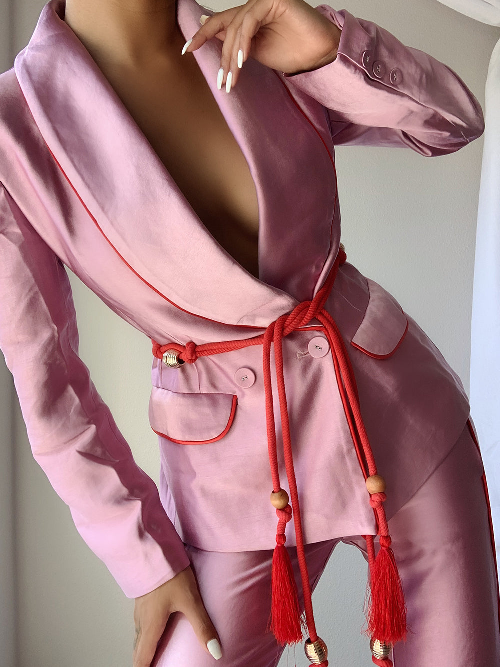 Tasseled Satin Blazer + Pants (Two-Piece Set) in Pink