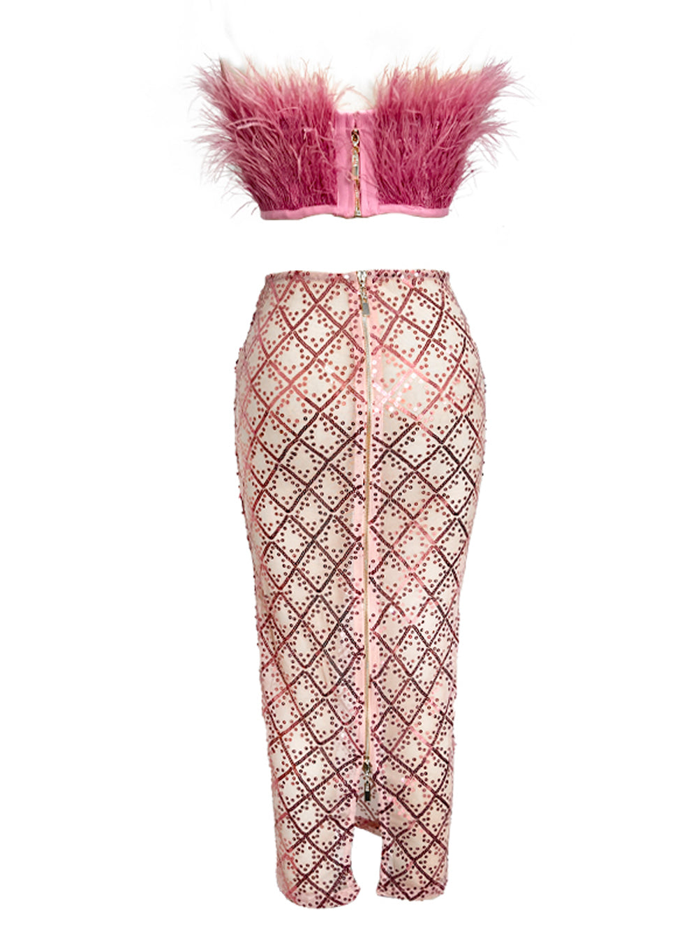 MAGLINA Feather Top & Sequins Skirt Set in Pink