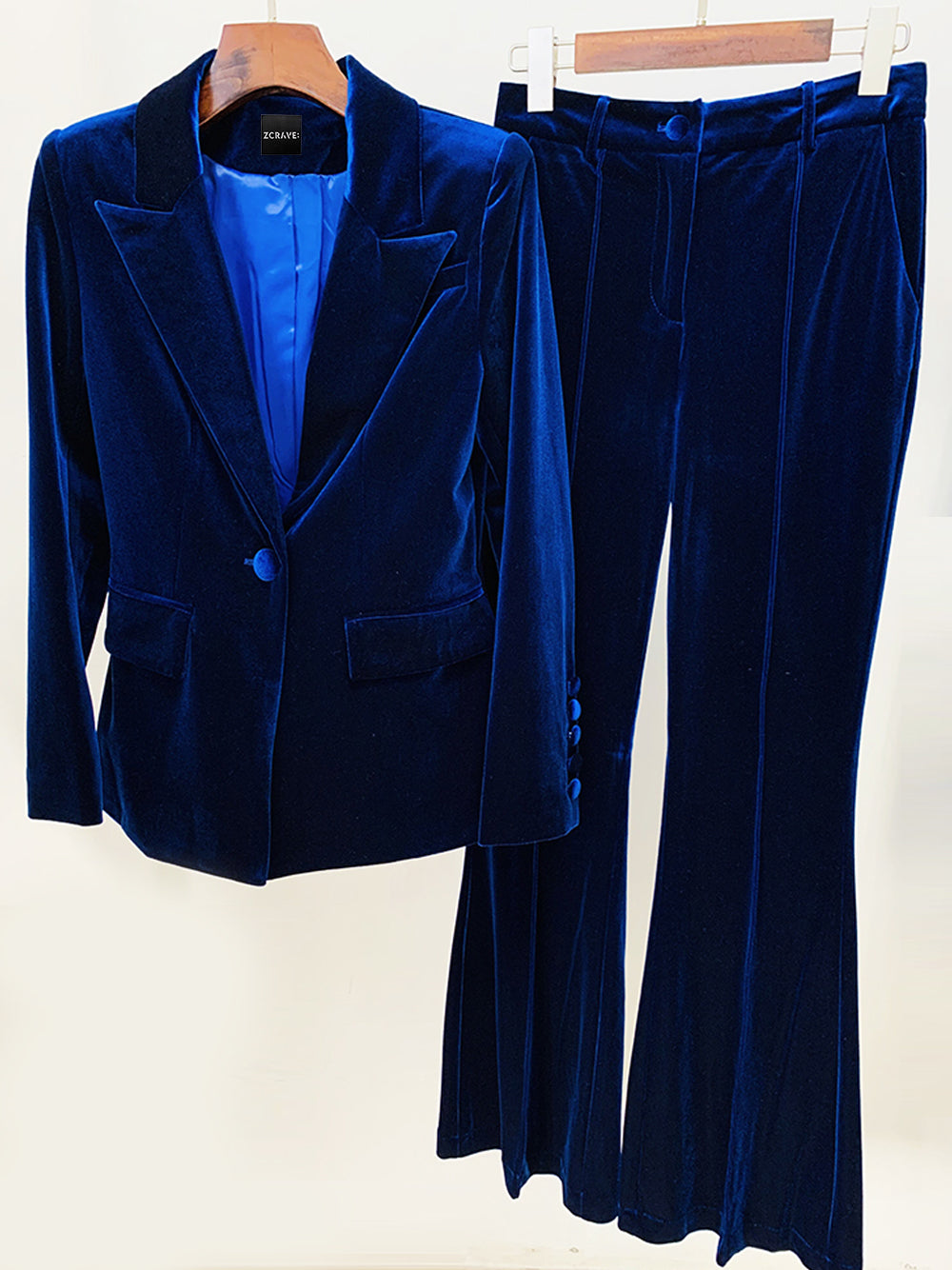 Conjunto de blazer de terciopelo y pantalón acampanado HINIYA en azul marino