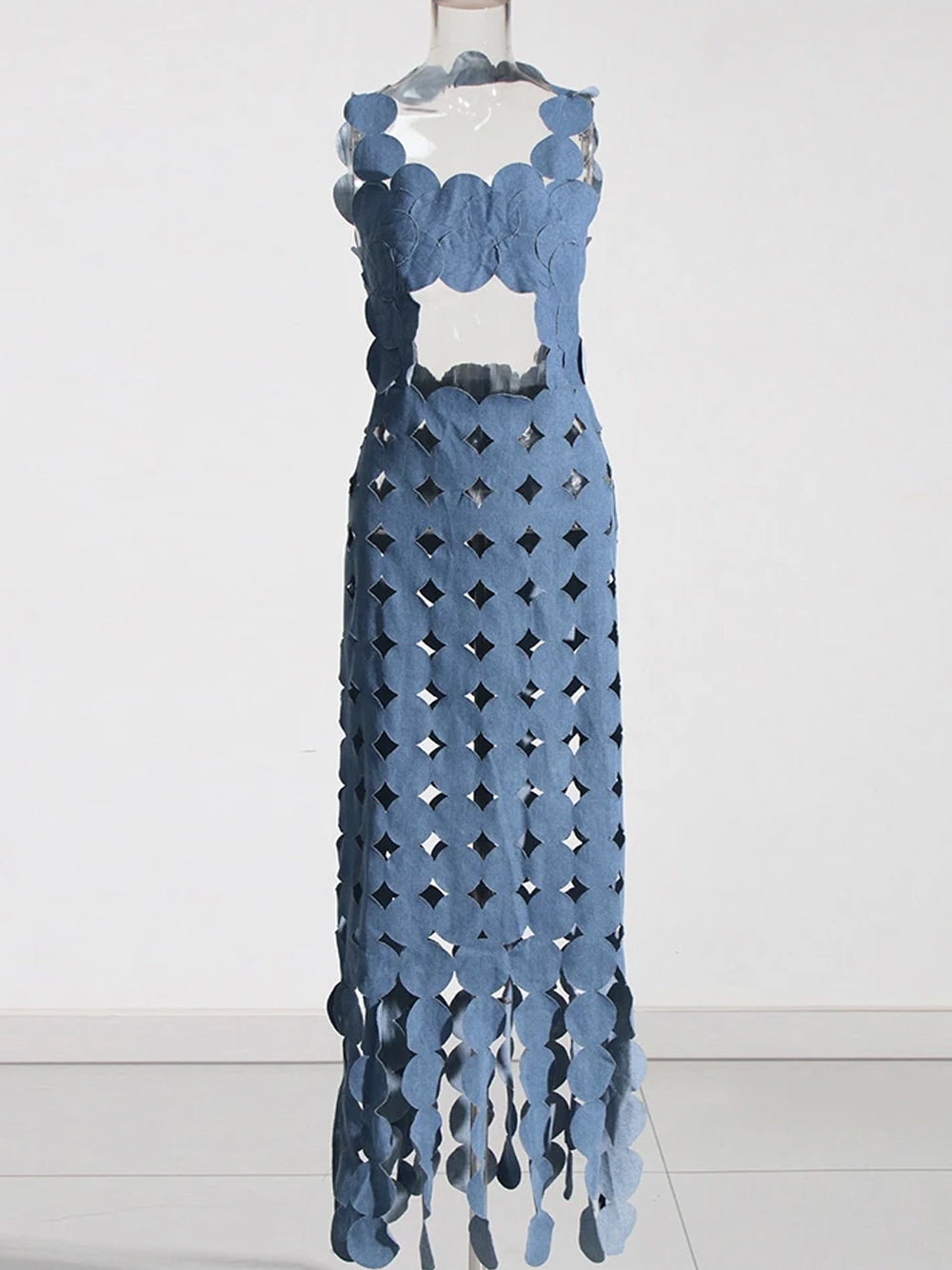 CERA Appliqué Fringe Maxi Dress in Denim