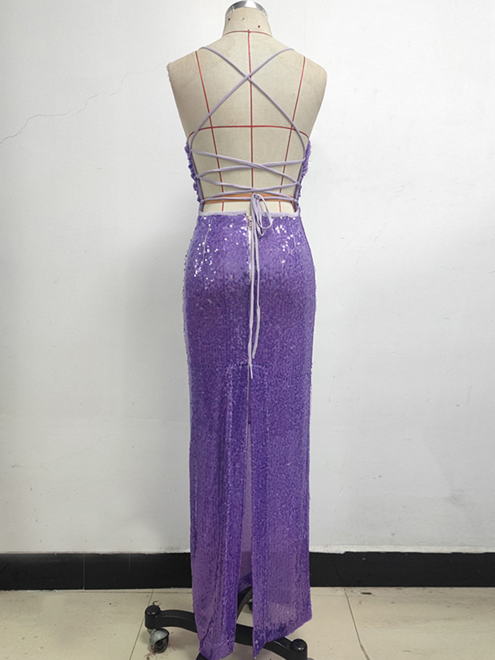 Vestido largo morado con lentejuelas VESSAI