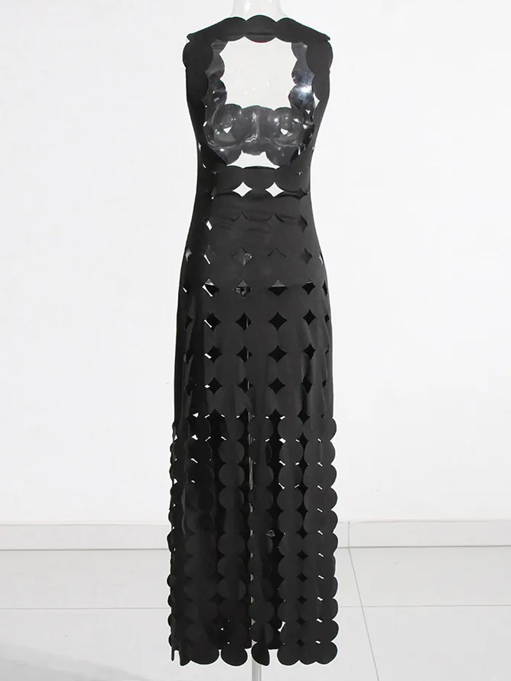 CERA Appliqué Fringe Maxi Dress in Black