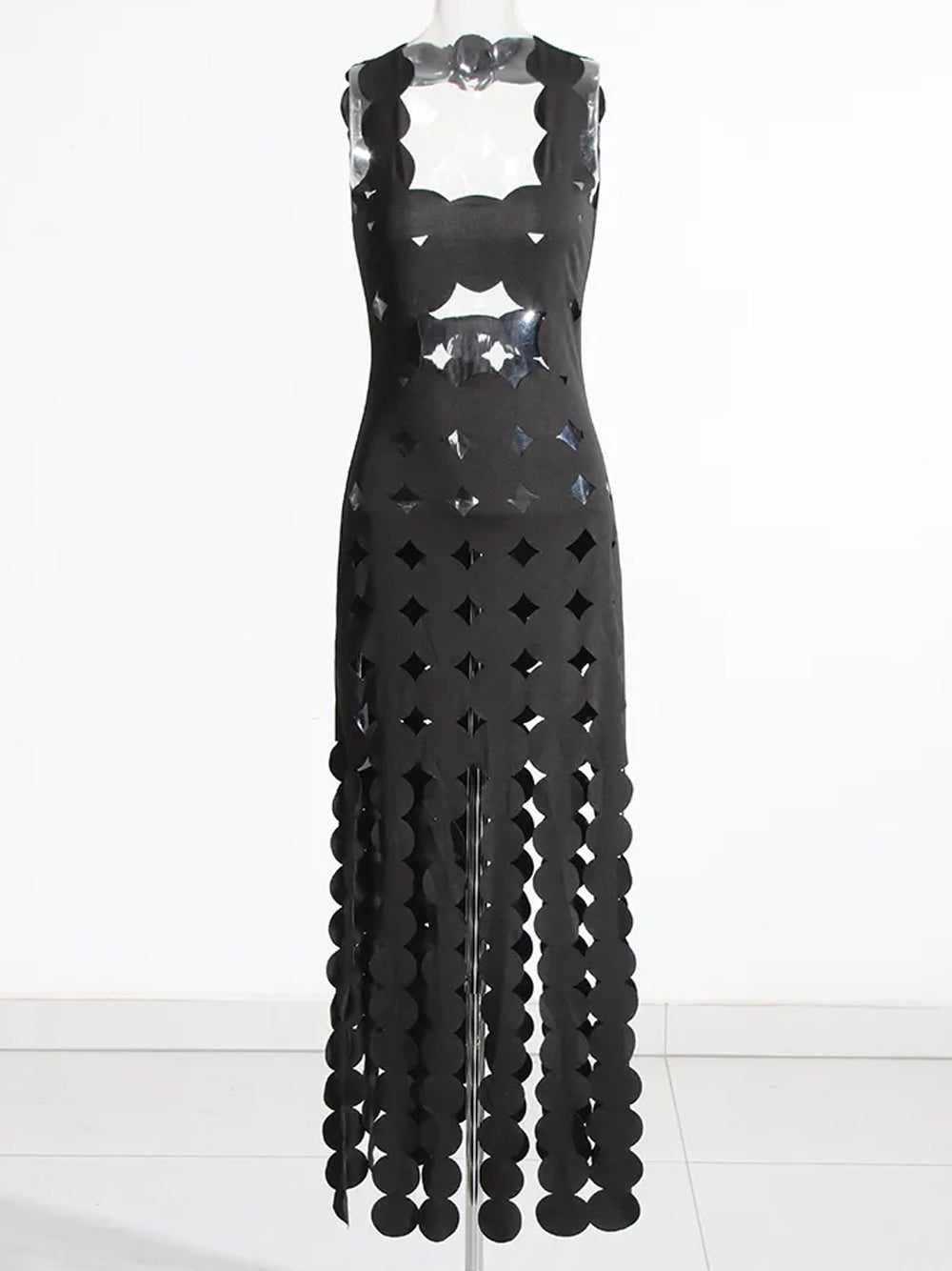 CERA Appliqué Fringe Maxi Dress in Black