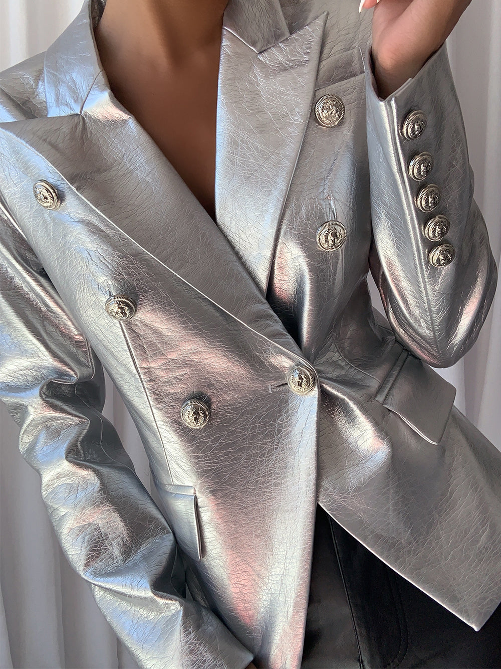 Silver Double-breasted Leather Blazer