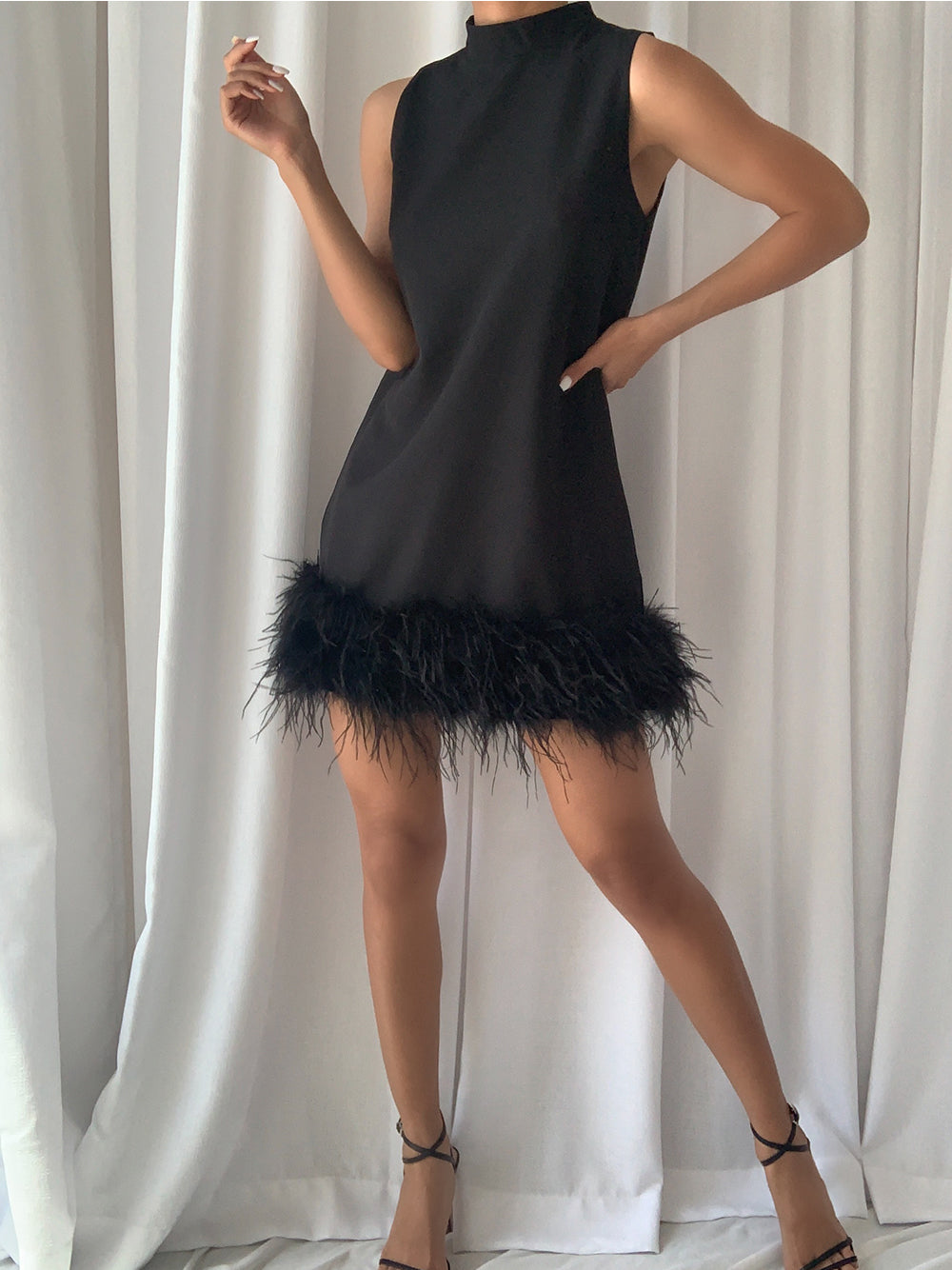 PIUME Mini Dress w Feathers in Black