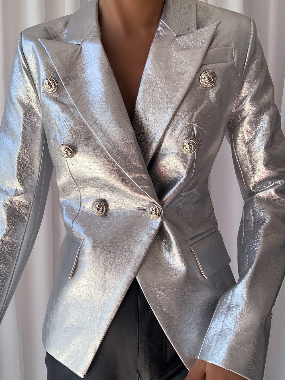 Silver Double-breasted Leather Blazer