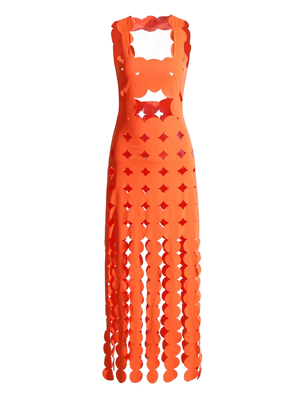 Vestido largo con flecos y apliques CERA en naranja