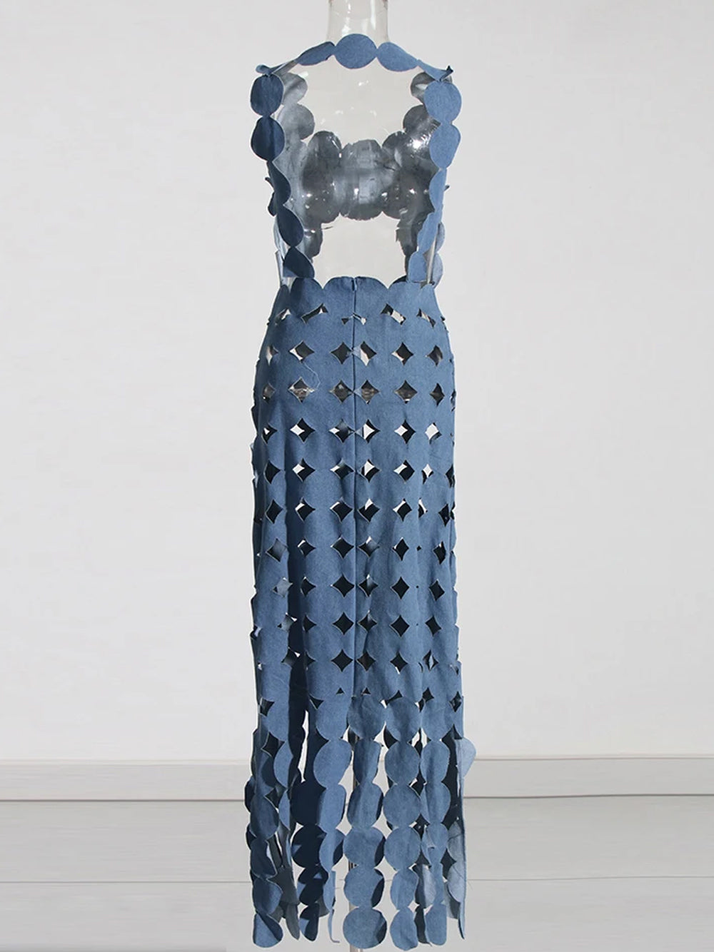 CERA Appliqué Fringe Maxi Dress in Denim