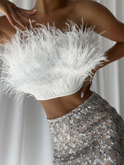 MAGLINA Feather Top & Sequins Skirt Set in White