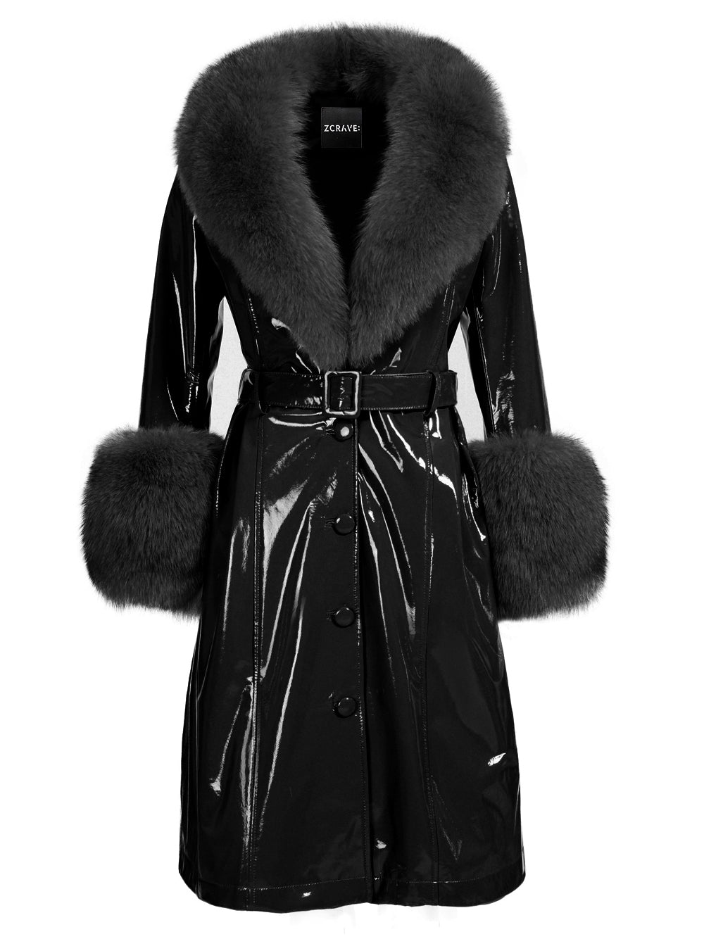 Patent Leather Coat w/ Fox Fur In Black