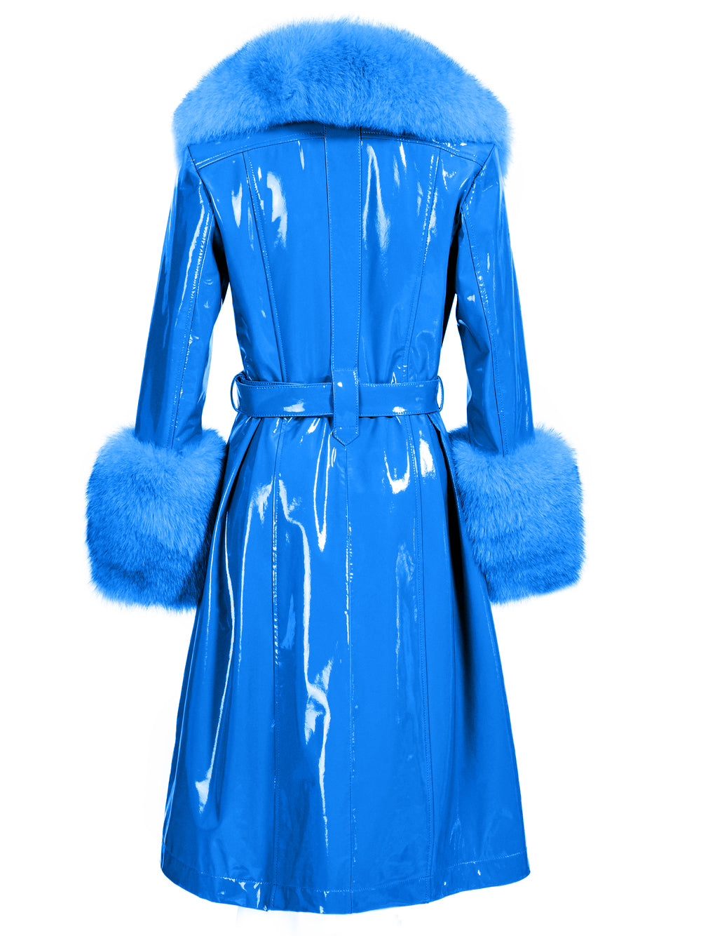 Patent Leather Coat w/ Fox Fur In Blue