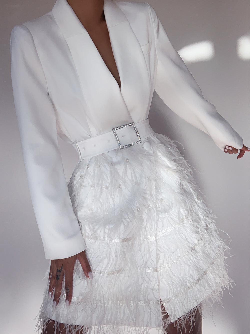 FIFTH AVE Feathers Dress in White