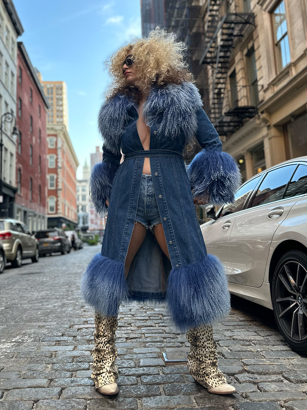 Denim Coat w/ Shearling Fur