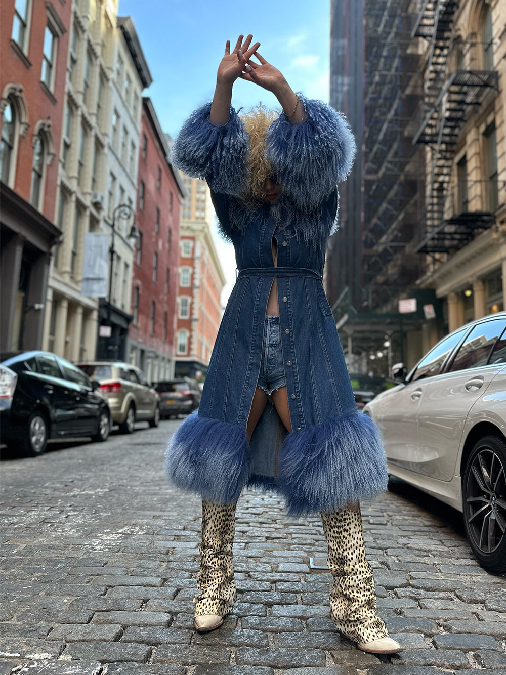 Denim Coat w/ Shearling Fur