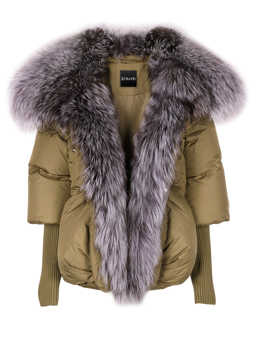 Pufferjacke mit Pelzbesatz in Khaki und Grau