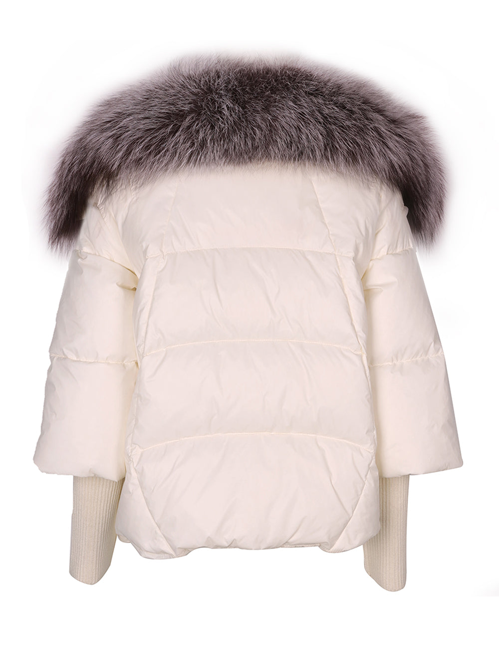 Pufferjacke mit Pelzbesatz in Creme und Grau