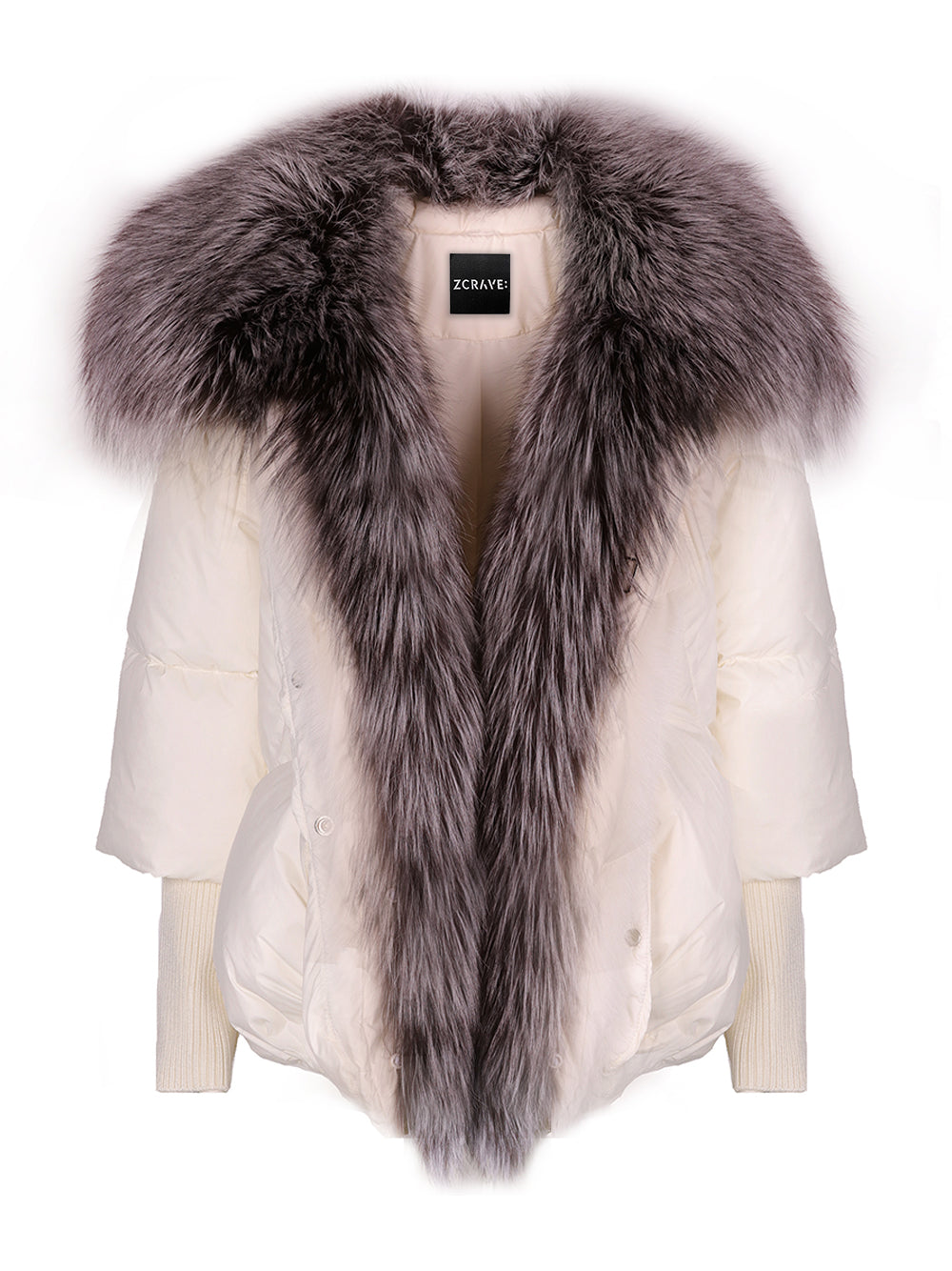 Chaqueta acolchada con ribete de piel en crema y gris