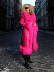 TAJE Shearling Trim Leather Coat in Fuchsia