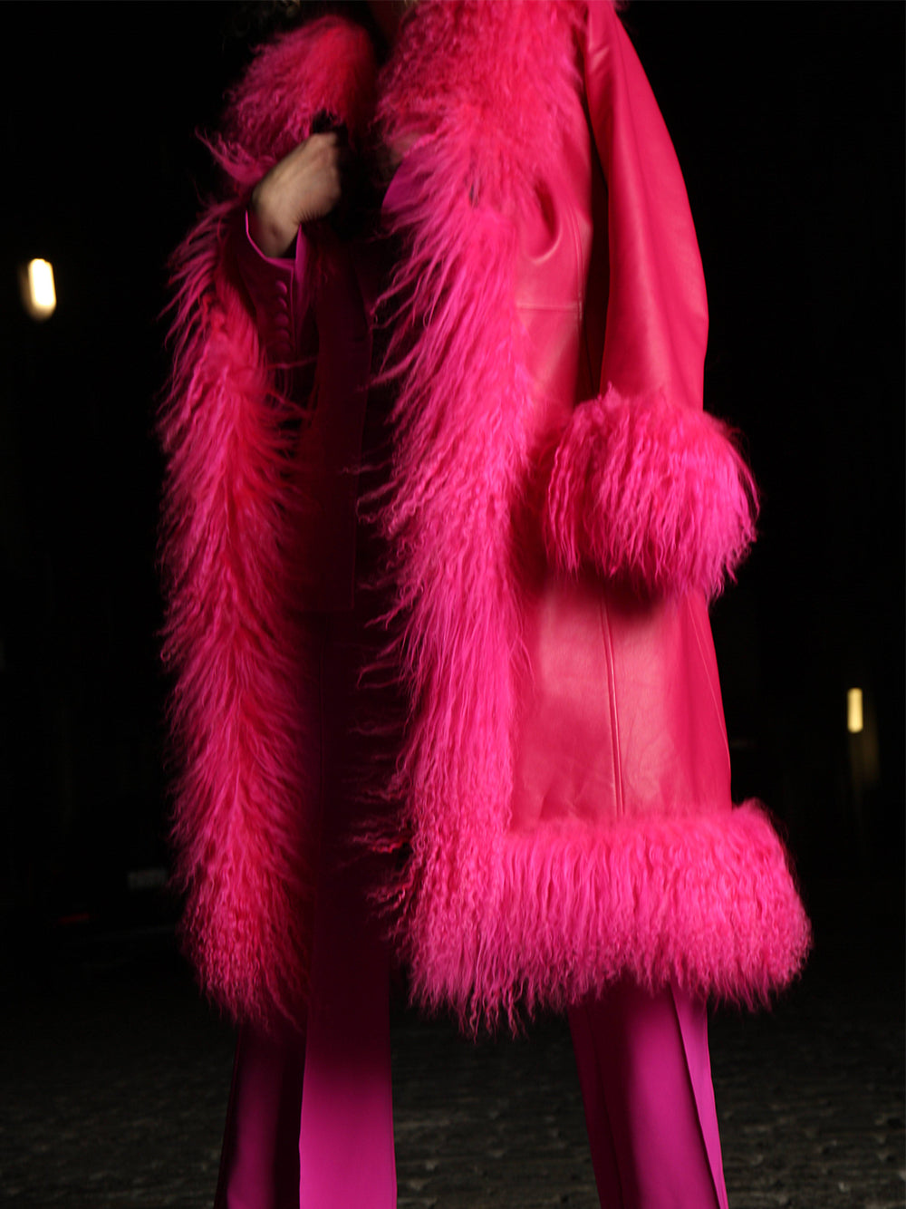 TAJE Shearling Trim Leather Coat in Fuchsia