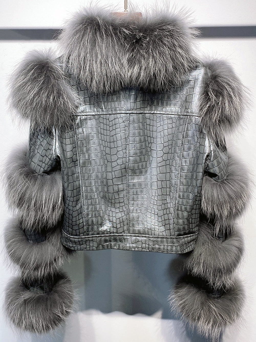 Chaqueta de cuero con ribete de piel LITALY en gris