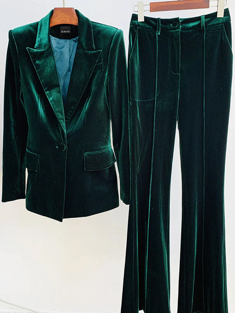 Conjunto de blazer de terciopelo y pantalón acampanado HINIYA en verde