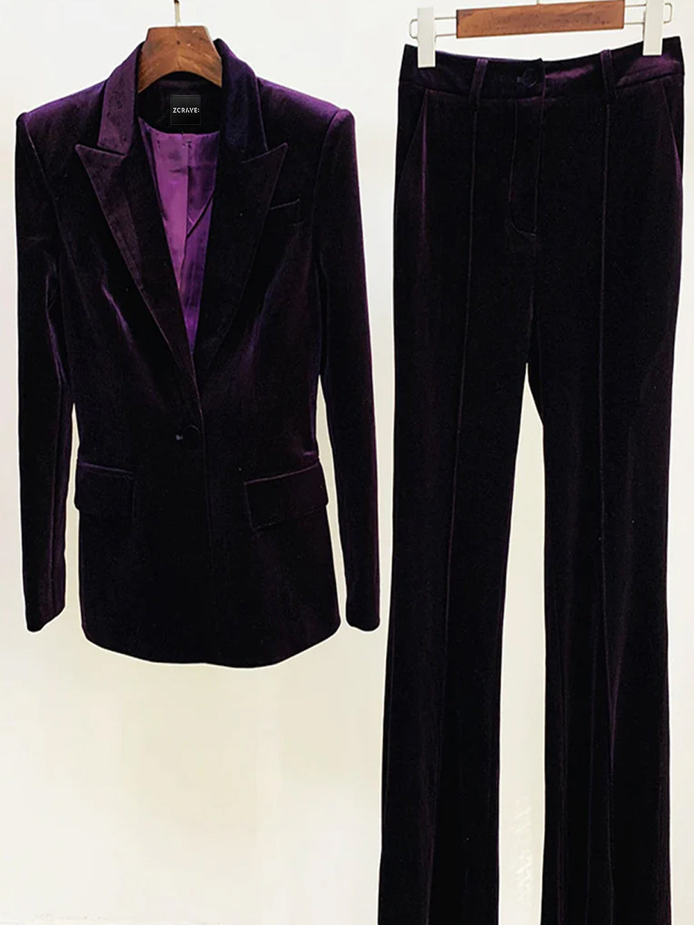 Conjunto de blazer de terciopelo y pantalón acampanado HINIYA en morado