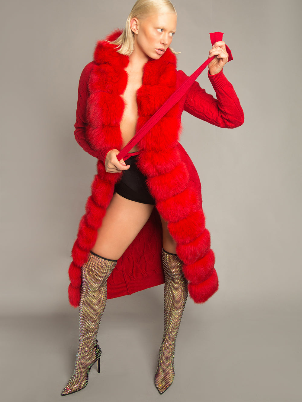 CAVO Fur & Cashmere Cardigan in Red