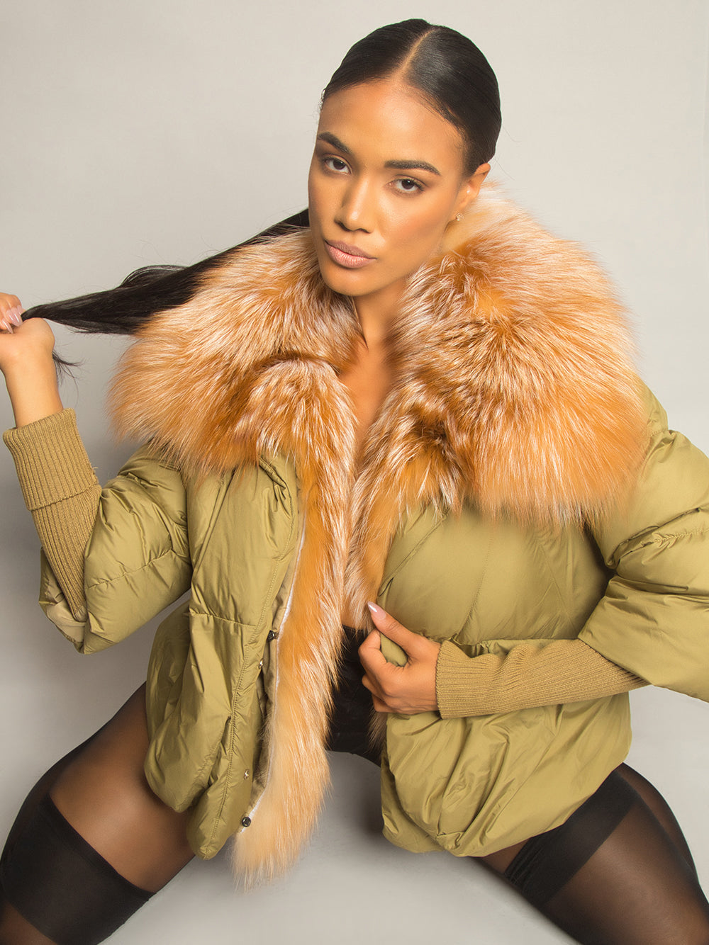 Fur Trim Puffer Jacket in Khaki & Brown