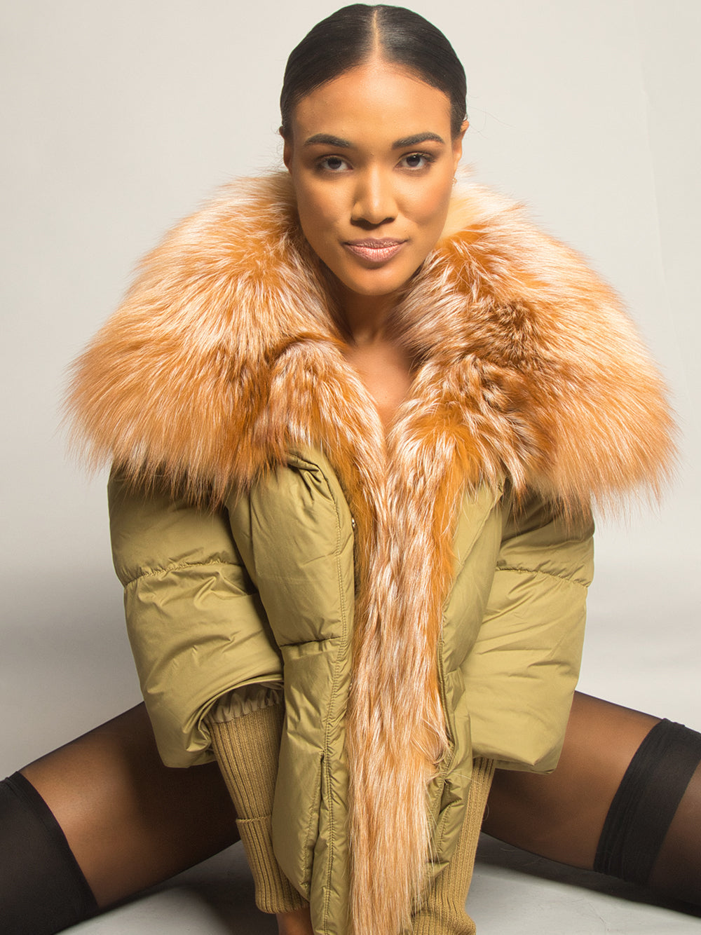 Fur Trim Puffer Jacket in Khaki & Brown