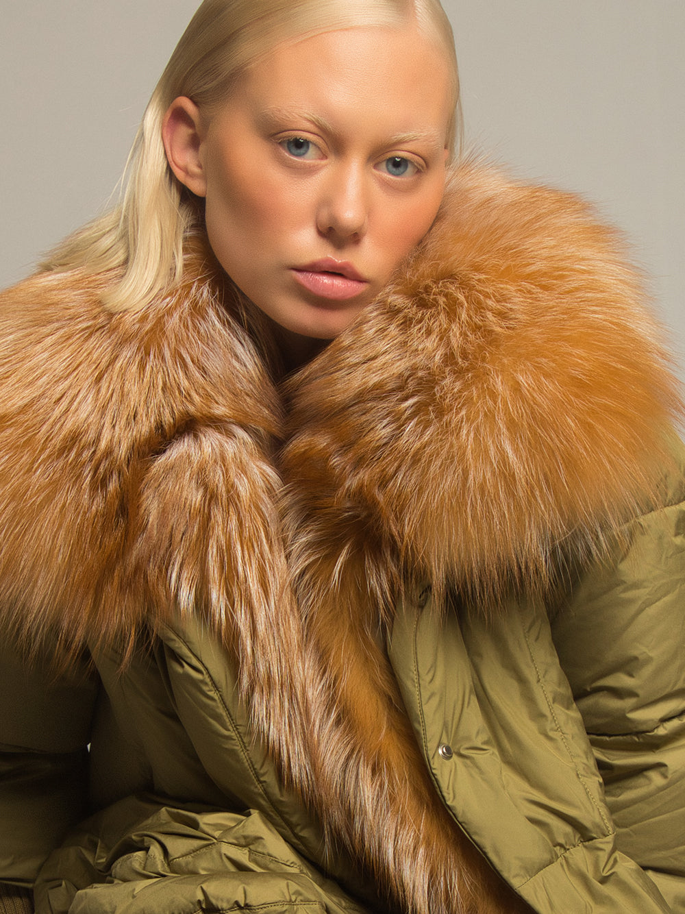 Fur Trim Puffer Jacket in Khaki & Brown