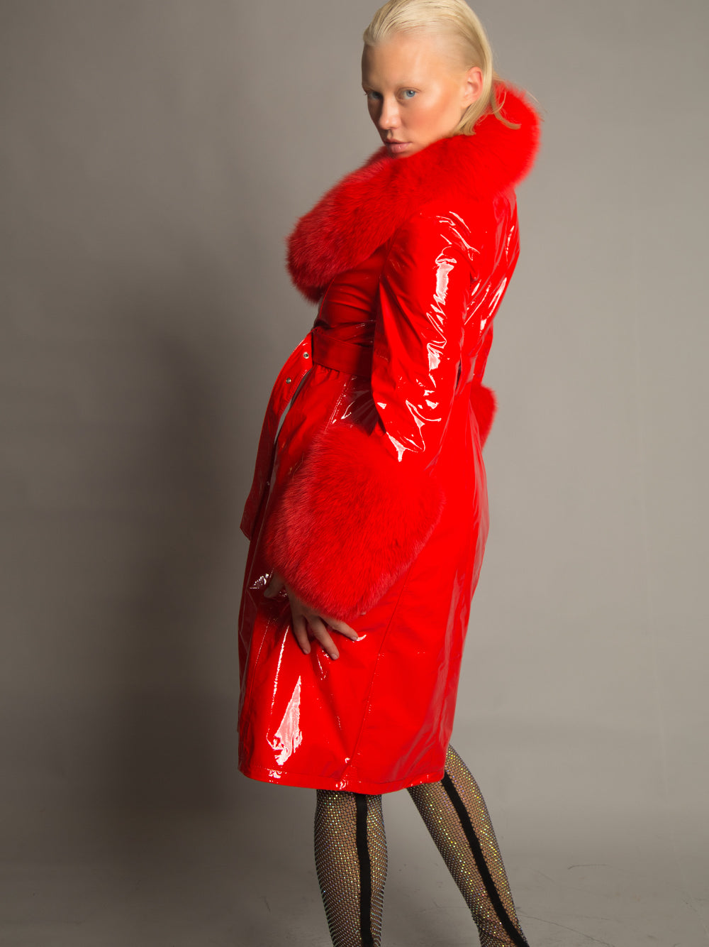 Patent Leather Coat w/ Fox Fur In Red