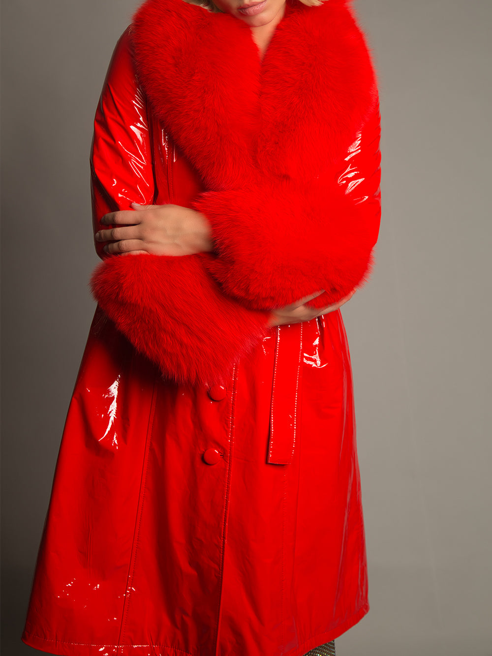 Patent Leather Coat w/ Fox Fur In Red