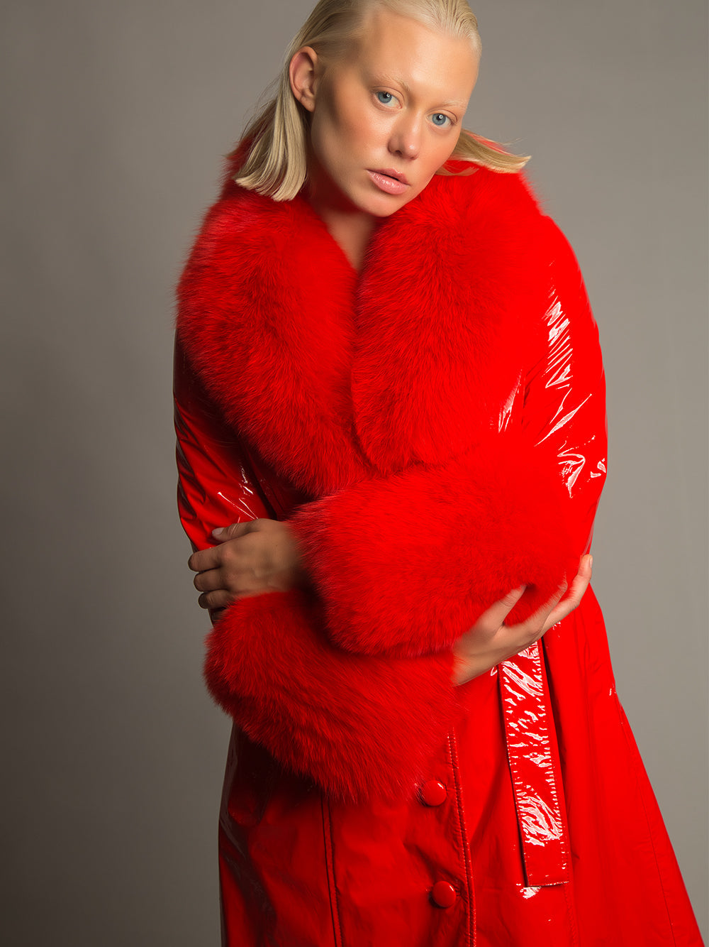 Patent Leather Coat w/ Fox Fur In Red