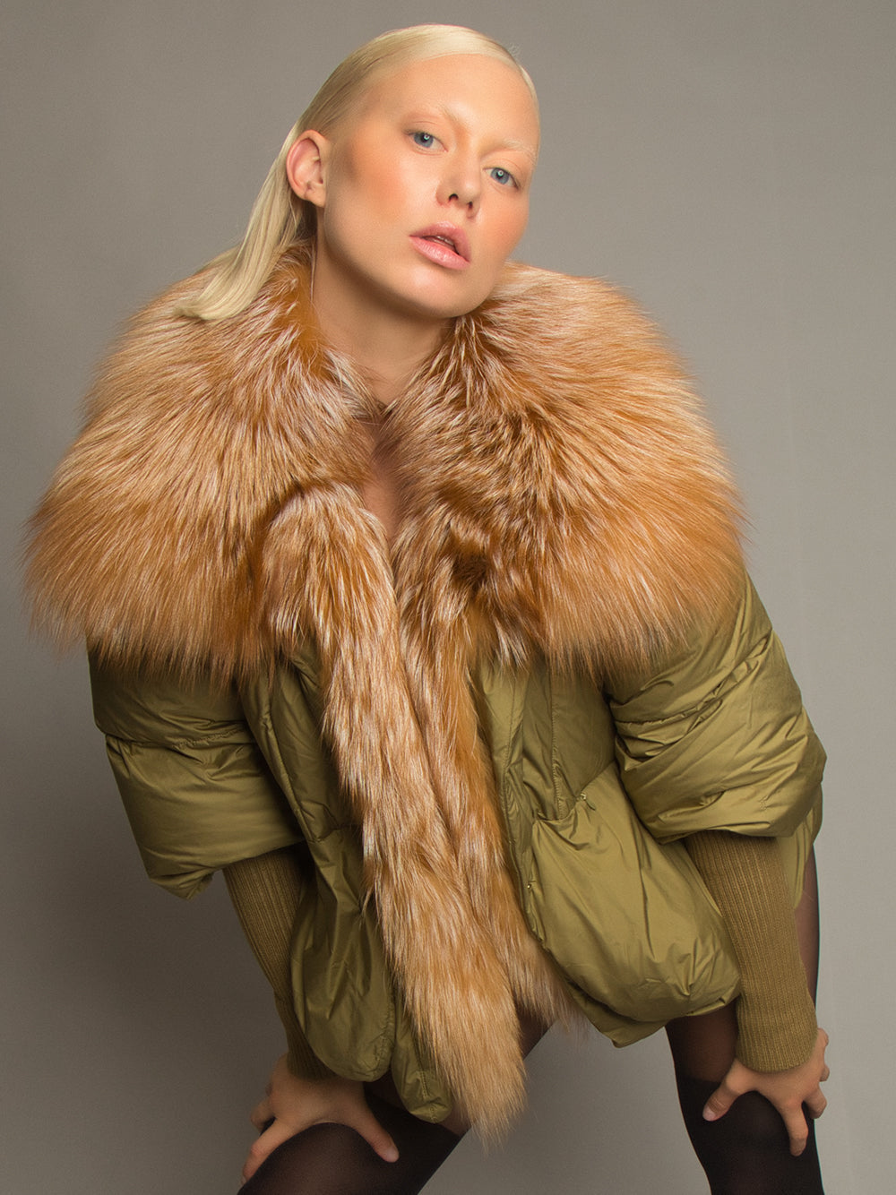 Fur Trim Puffer Jacket in Khaki & Brown