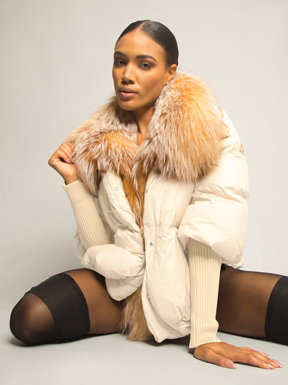 Fur Trim Puffer Jacket in Beige