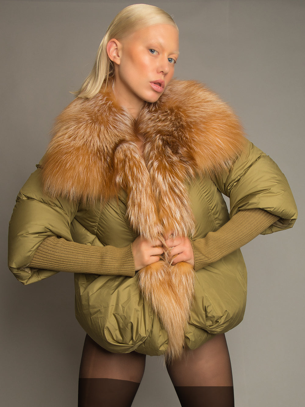 Fur Trim Puffer Jacket in Khaki & Brown