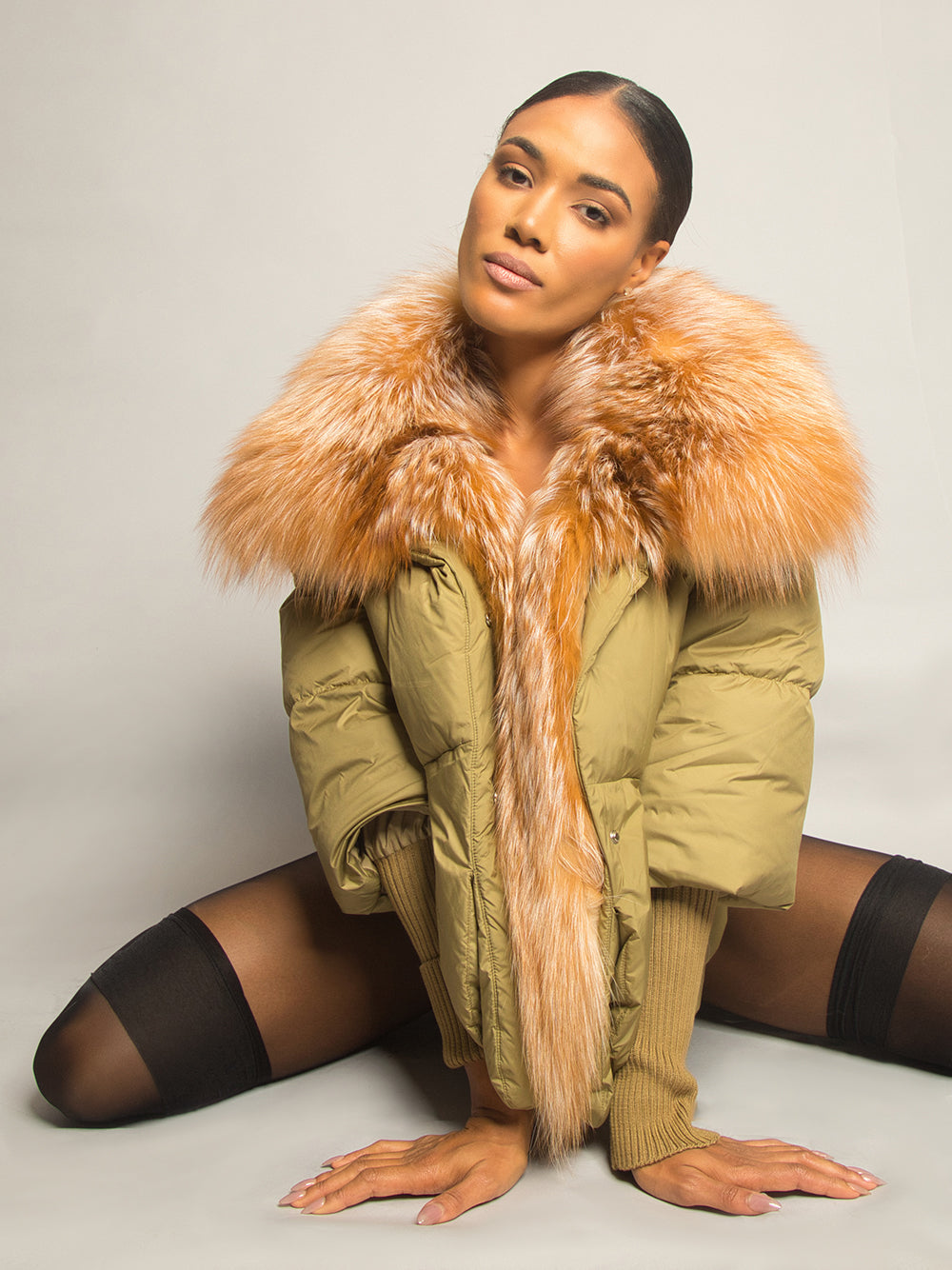 Fur Trim Puffer Jacket in Khaki & Brown