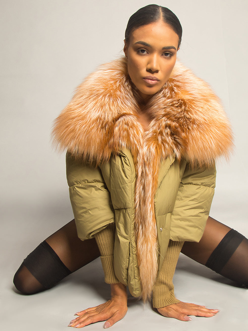 Fur Trim Puffer Jacket in Khaki & Brown